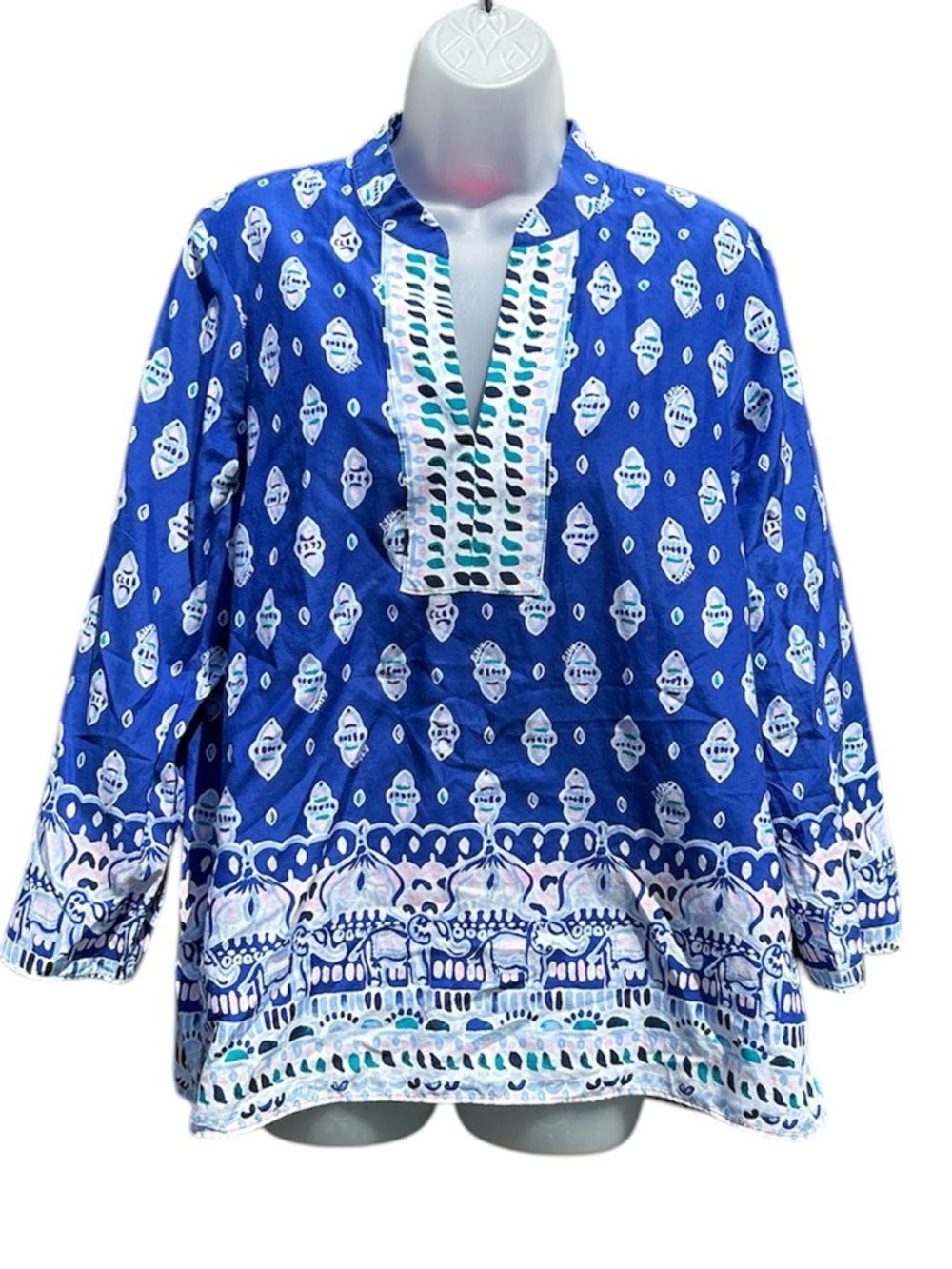 LILLY PULITZER Women M Asani Blue Peri Lapis Lanterns Silk Blend Blouse Tunic To